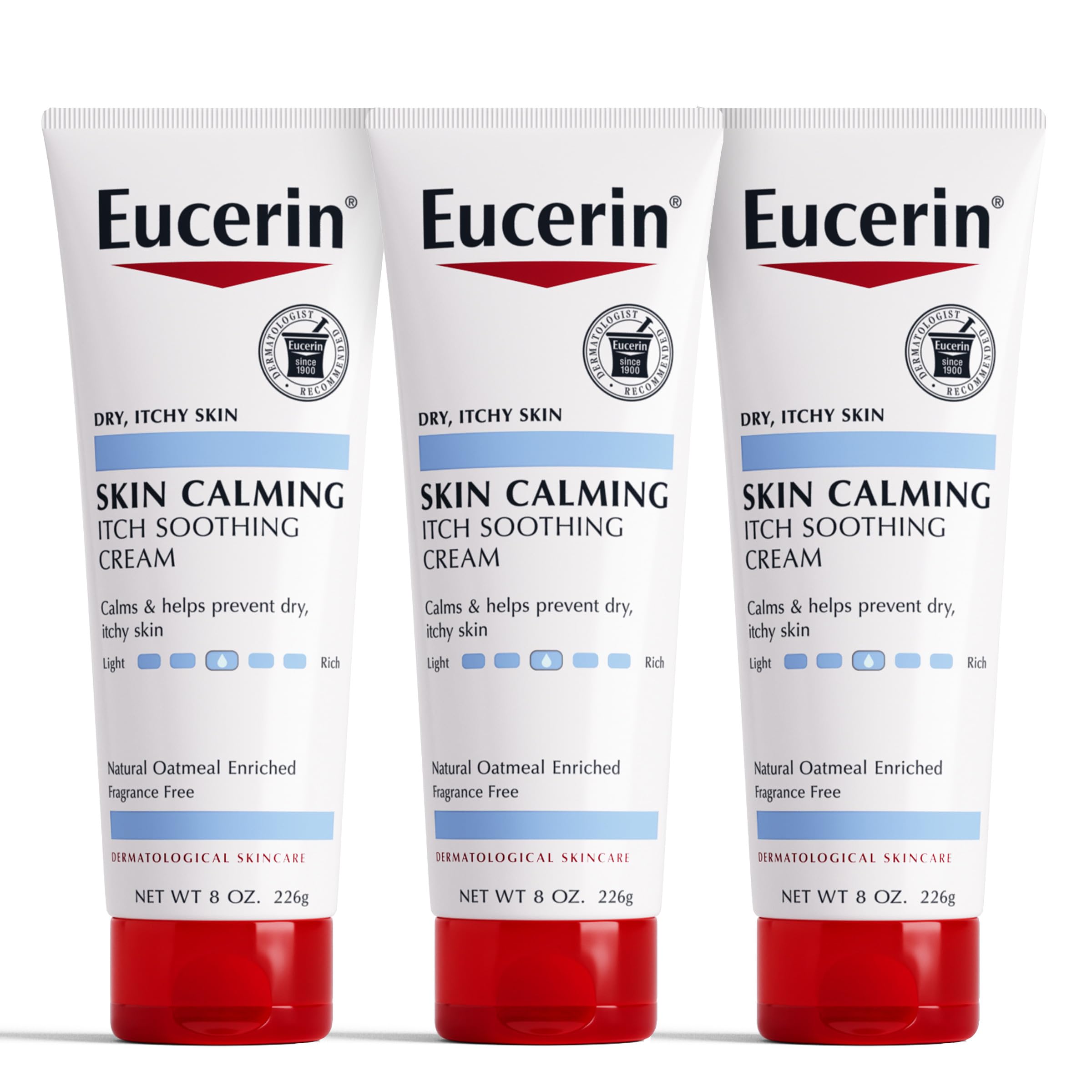 Eucerin Skin Calming Cream Full Body Lotion for Dry Itchy Skin Natural Oatmeal Enriched 8 oz. Tube (Pack of 3)